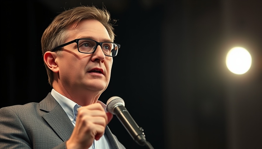 Cinematic image of man speaking on stage about health risks.