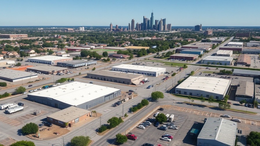 Aerial view of an industrial center in Austin, ideal for food business expansion.