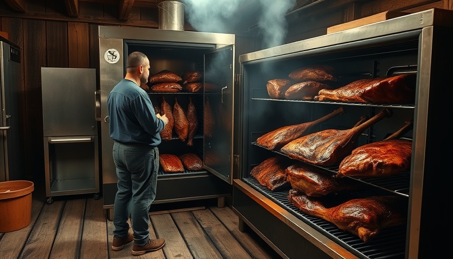 Chef inspecting briskets in BBQ smoker; Austin restaurant openings.