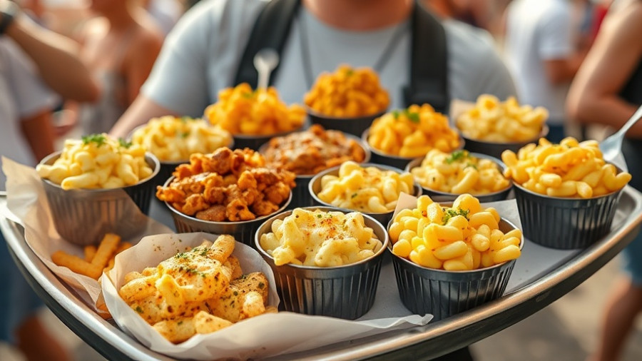 Diverse mac and cheese dishes at Austin Mac Cheese Festival 2025.