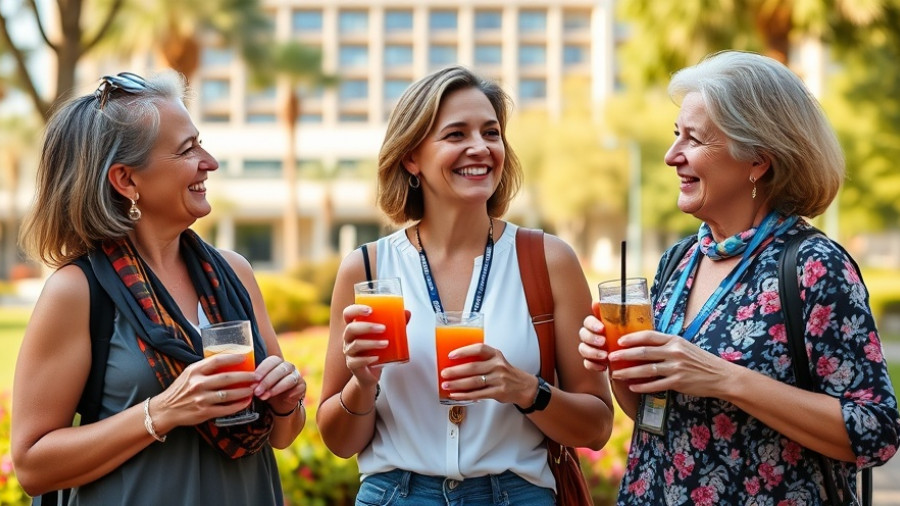 Three women at Vibrant Longevity Summit with drinks outdoors.