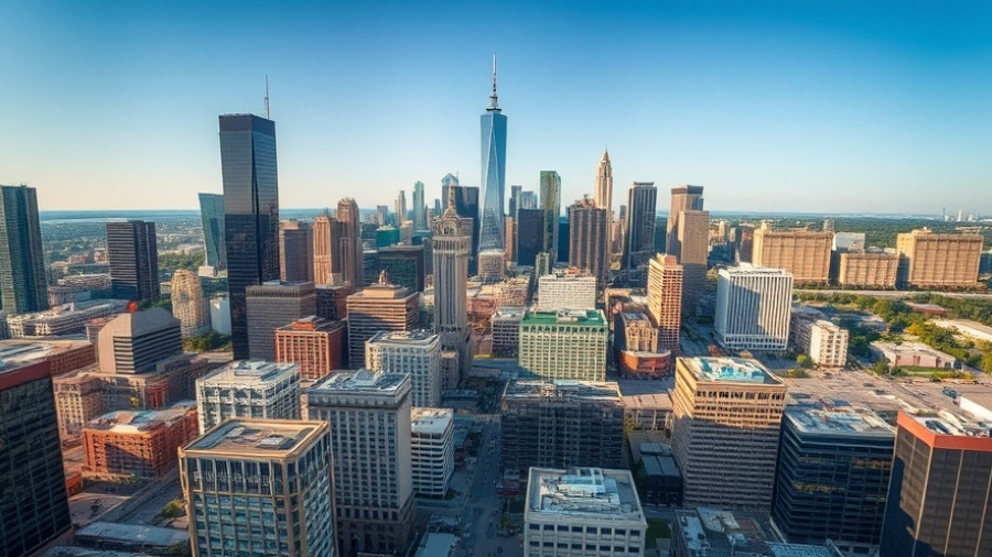 Aerial view emphasizing real estate trends in downtown Houston.