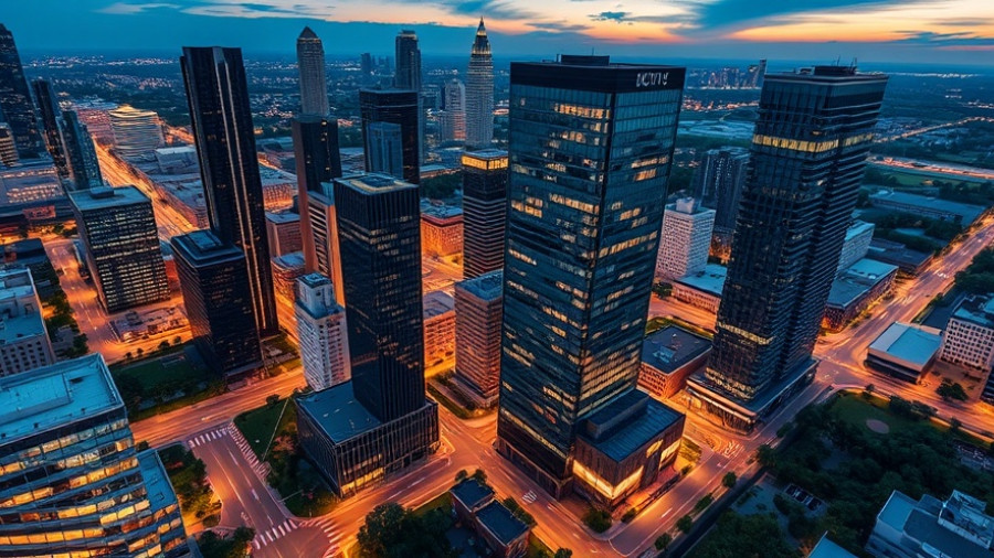 Modern high-rise buildings in northwest Houston at dusk.