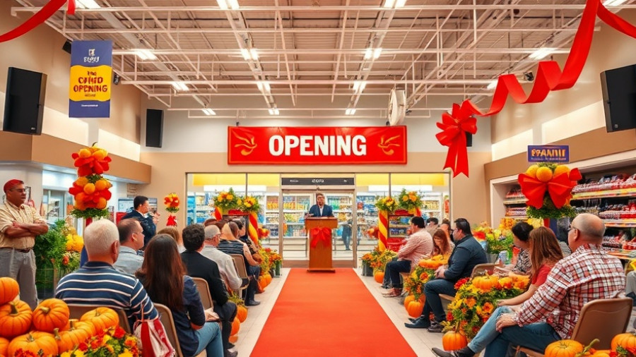 H-E-B opening ceremony in Manor, Texas store with speaker and audience.