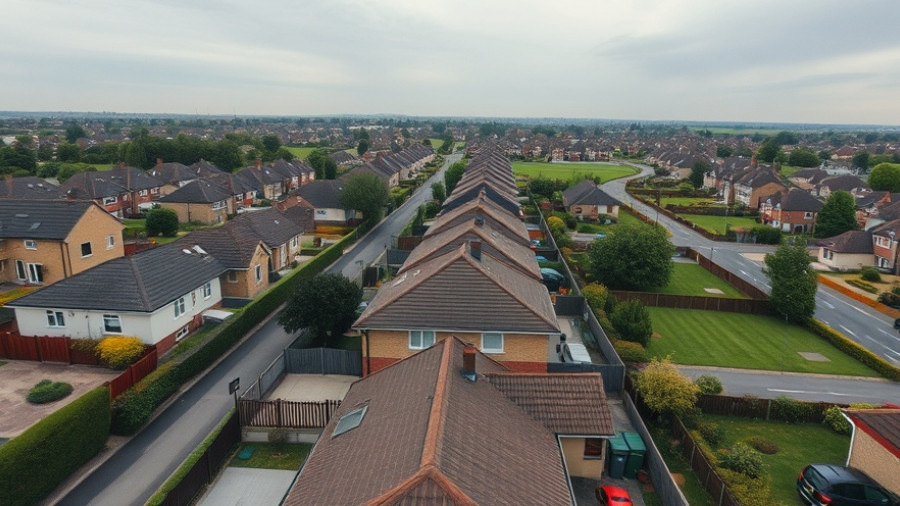 Arial view of suburban homes with report text on Houston housing market 2025.