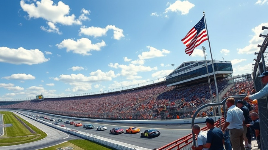 Crowded Austin racing event with cars, flags, and blue skies.