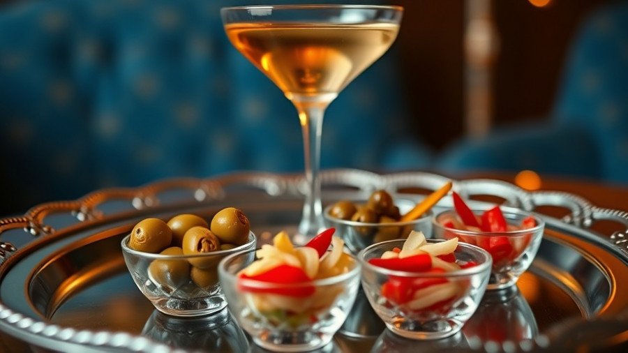 Austin restaurant openings: elegant tray with martini and appetizers.