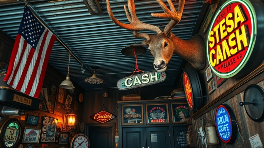 Mean-Eyed Cat Austin dive bar, vintage decor with flag and chainsaw.