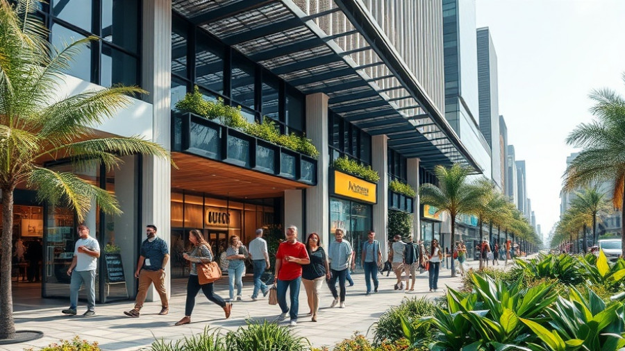 Modern urban scene at Houston market forecast 2025 with people and greenery.