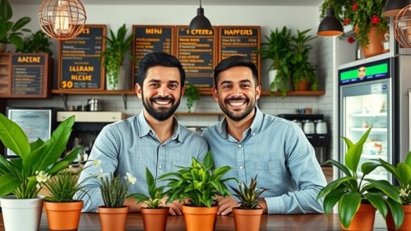 Two cheerful men at a cafe counter during Austin community events.