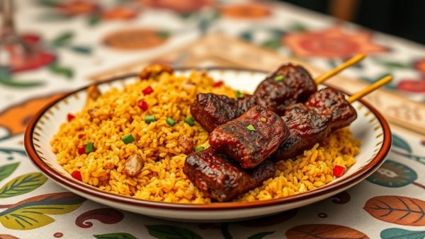 Savor Suya Beef Skewers and Jollof Rice in a vibrant presentation.