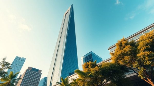 Skyscraper in Houston real estate updates 2025, modern facade with greenery.
