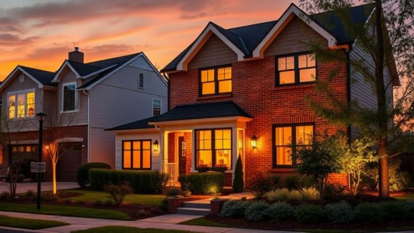 Modern suburban home at sunset in new home communities Cypress