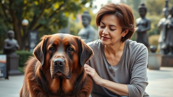 Compassionate woman and large dog amidst Austin animal crisis outdoors.