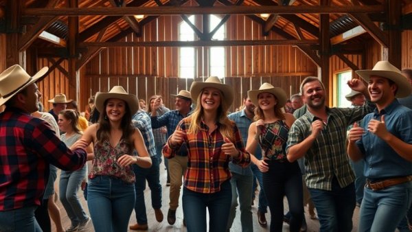 Lively Austin community event with people dancing in a rustic barn.