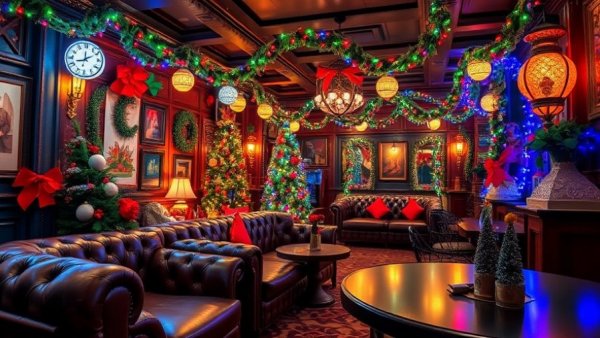 Cozy holiday lounge with festive decorations at Austin weekend events.