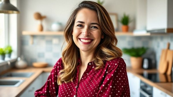 Smiling woman in modern kitchen, relaxed pose for real estate trends northwest houston.