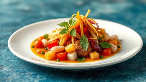 Exquisite gourmet dish in fine dining, vibrant arrangement on white plate.