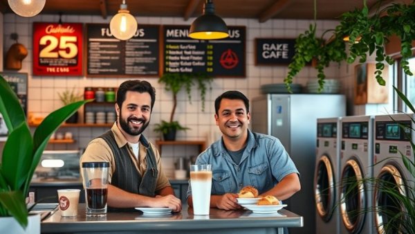 Unique coffee shop inside a laundromat with friendly staff and cozy atmosphere.