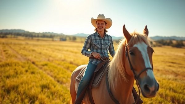 Riders in cowboy hats enjoying a horse ride in grassy field, Ariat Store South Congress.