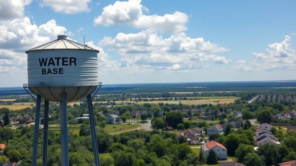 Pflugerville water tower overlooking a lush suburban landscape, bright sky.