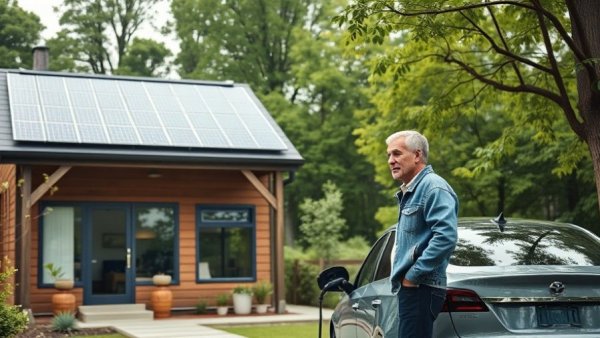 Eco-friendly home trends in Texas with solar panels and electric car.