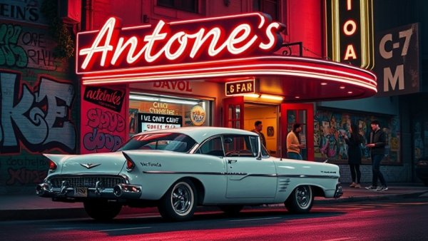 Antone's Nightclub Austin vintage vibe with classic car and neon lights.