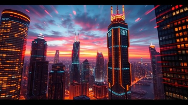 AI Tools concept with futuristic skyscrapers and digital lights