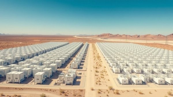 Vast data center resembling oil fields, under clear sky.