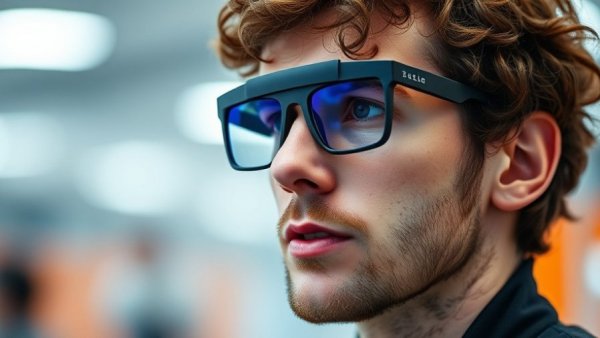 Curly-haired man in futuristic glasses pondering Meta AI product problem.