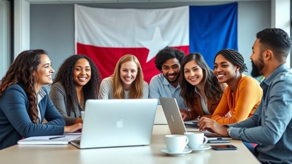 Business team discussing Free Business License Texas in office.