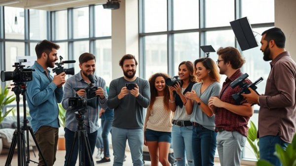 Energetic group of video creators collaborating in a modern office.