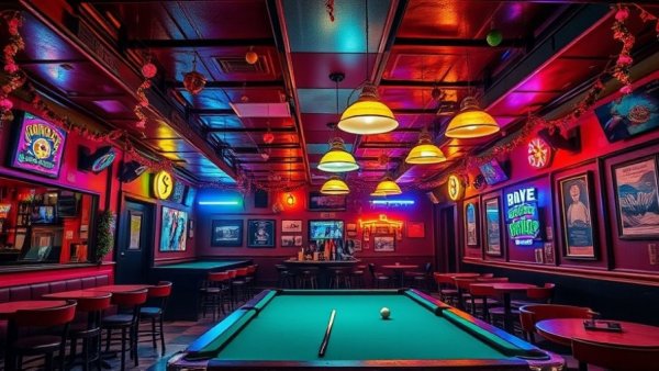Festive dive bar with pool table and vibrant decor in Austin.
