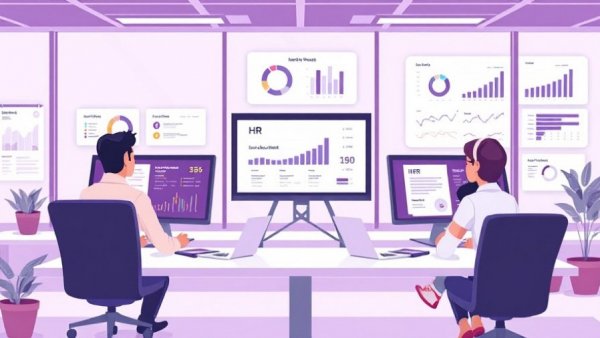 Employees using online HR systems in a modern office setting.