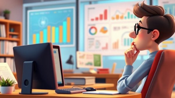 Cartoon showing analysis of essential CSAT questions in a modern office.