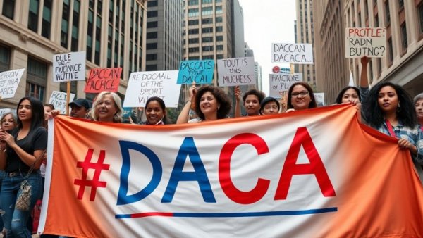DACA supporters rallying with banners, advocating immigration policy change.