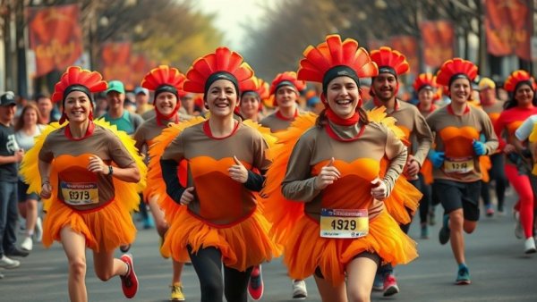 Thanksgiving events in Austin: Runners in turkey costumes at festive race.