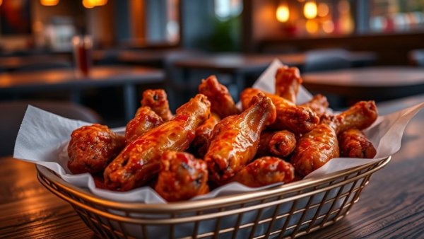 Crispy and saucy chicken wings in a basket from a food truck in Austin.