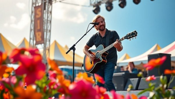 Musician at Old Settler's Music Festival with vibrant flowers.