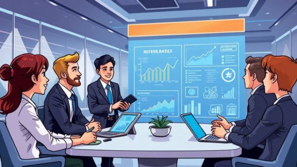 Modern office scene with cartoon professionals discussing referral programs in Texas small business.