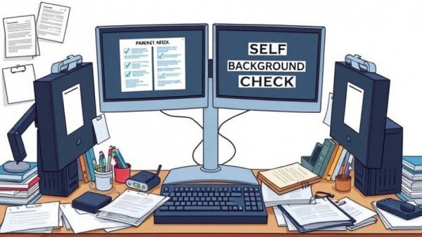 Illustration of self background check with computer monitors and documents.