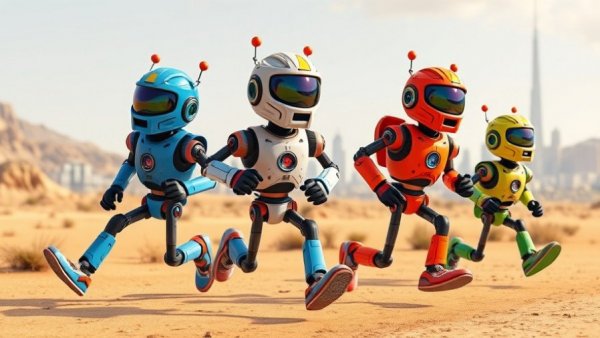 Cartoon robots running in desert landscape, AI tools theme.