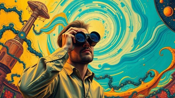 Surreal art of a man with binoculars analyzing patterns, vivid colors.