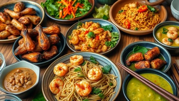 Colorful Asian cuisine spread on rustic table; things to do in Austin this weekend.