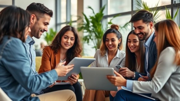 Team discussing online reviews in a modern office setting.