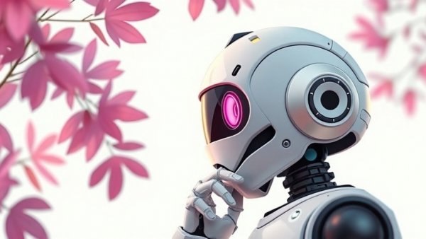 AI Tools for Texas Businesses: Robot in thoughtful pose with pink tree.