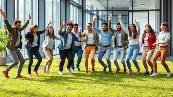 Professionals engaging in team building activities indoors and outdoors.