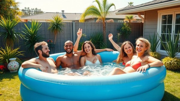 Austin Community enjoying a sunny day in a backyard pool.