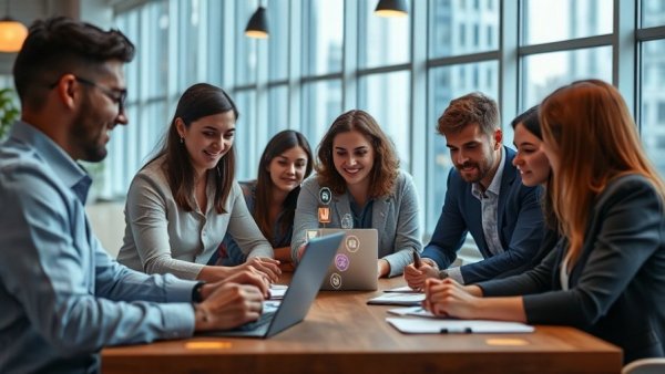 Team discussing social media marketing success in Texas.