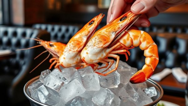 Large shrimp being served in Austin restaurant, Eater award winner.